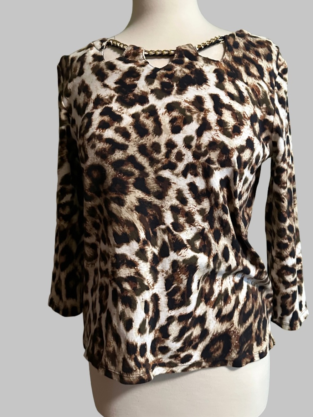 Leopard print Rafaella blouse with gold-chain neckline (M)